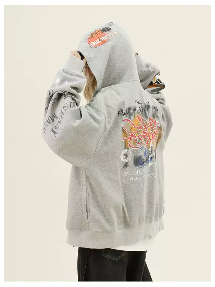 Streetwear Relaxed Graffiti Print Hoodie