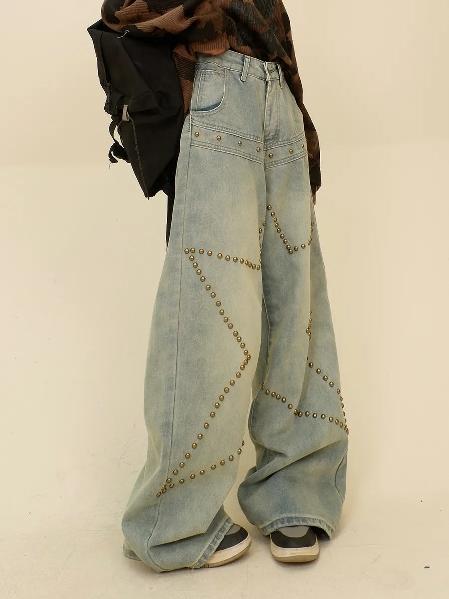 Streetwear Wide Leg Distressed Star Rivet Denim Jeans