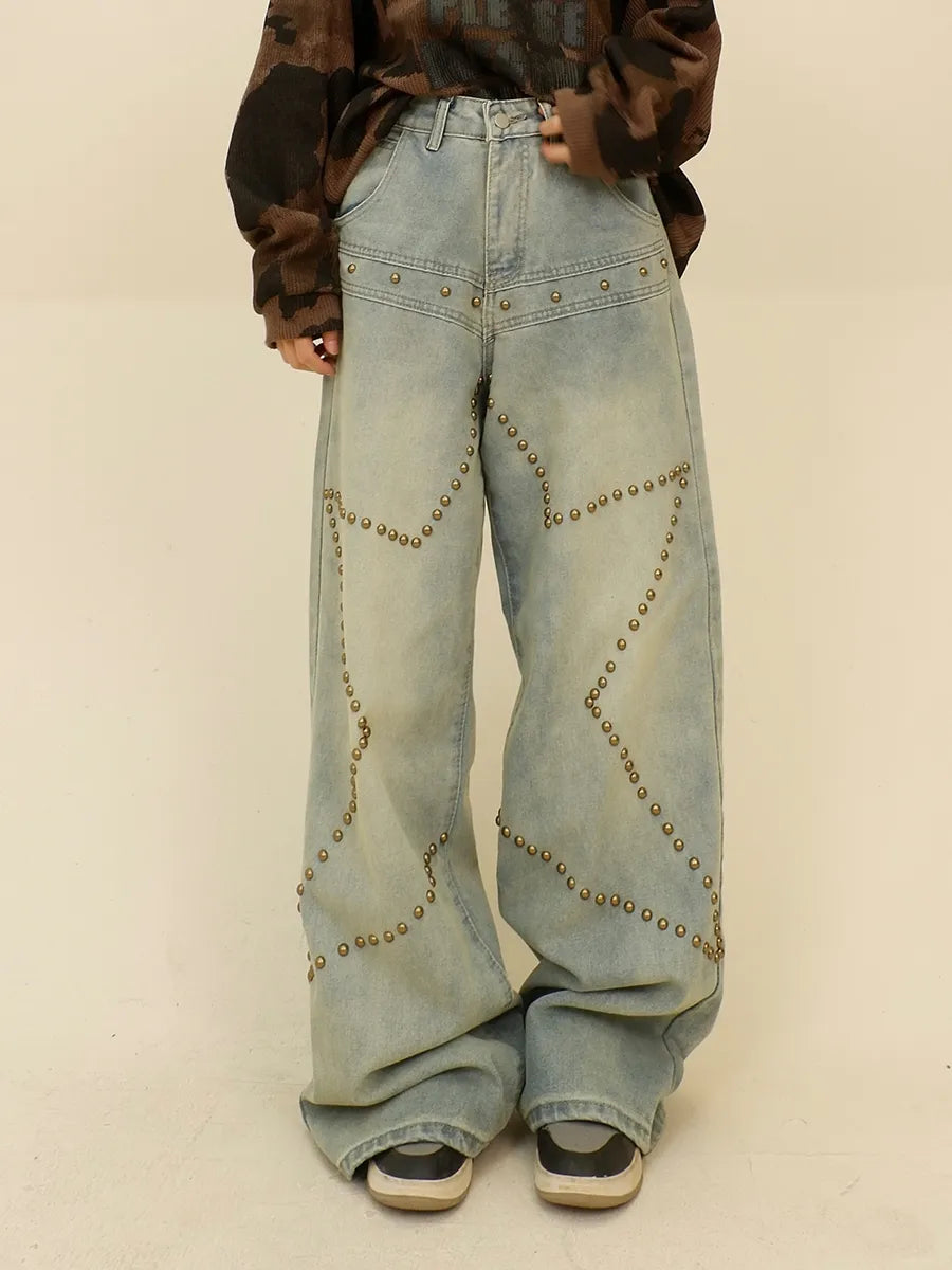 Streetwear Wide Leg Distressed Star Rivet Denim Jeans