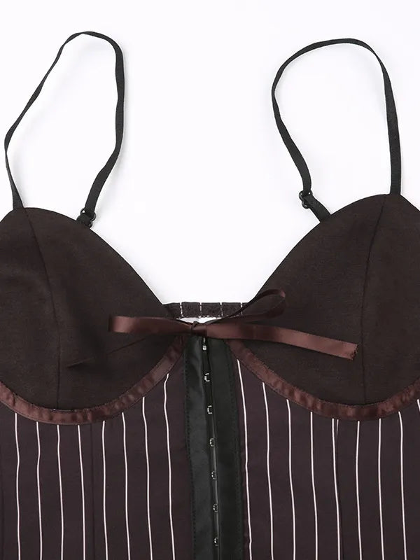Stripe Bowknot Cami Top Low Rise Pleated Mini Skirt