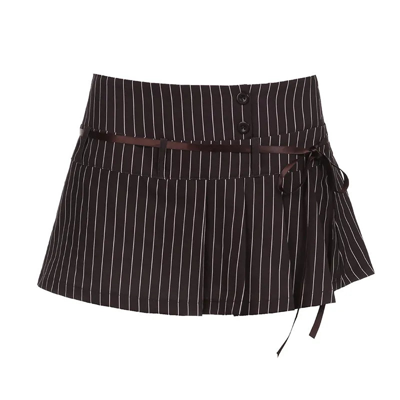 Stripe Bowknot Cami Top Low Rise Pleated Mini Skirt