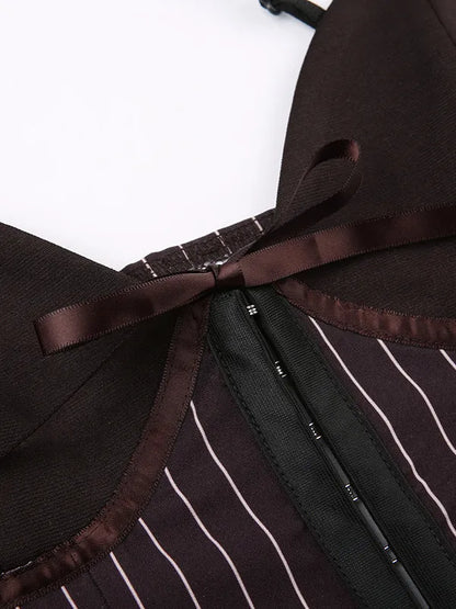 Stripe Bowknot Cami Top Low Rise Pleated Mini Skirt