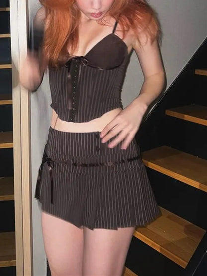 Stripe Bowknot Cami Top Low Rise Pleated Mini Skirt