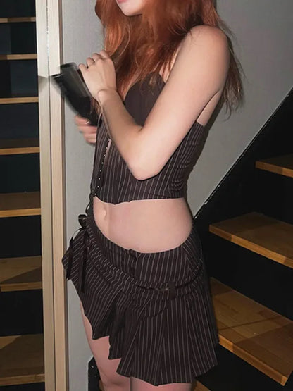 Stripe Bowknot Cami Top Low Rise Pleated Mini Skirt