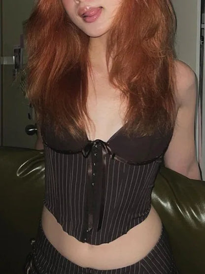 Stripe Bowknot Cami Top Low Rise Pleated Mini Skirt