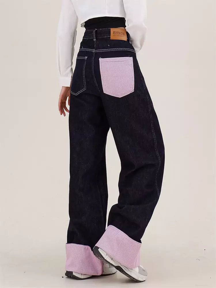 Gestreifte Jeans mit umgeschlagenem Saum und geradem Bein