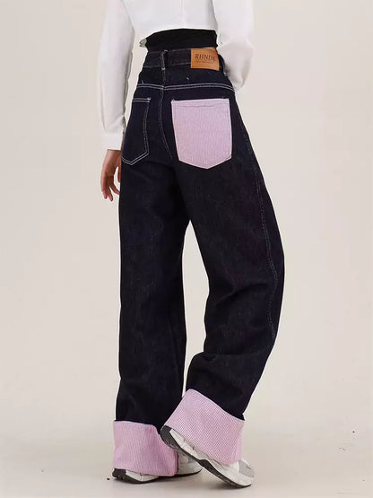 Gestreifte Jeans mit umgeschlagenem Saum und geradem Bein