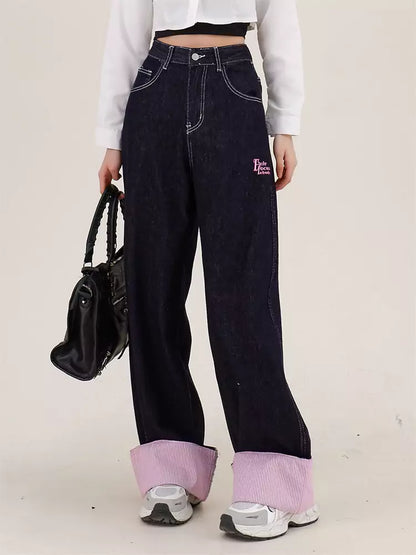 Gestreifte Jeans mit umgeschlagenem Saum und geradem Bein