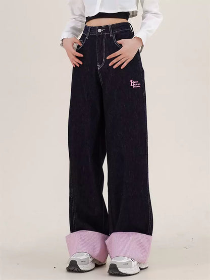 Gestreifte Jeans mit umgeschlagenem Saum und geradem Bein