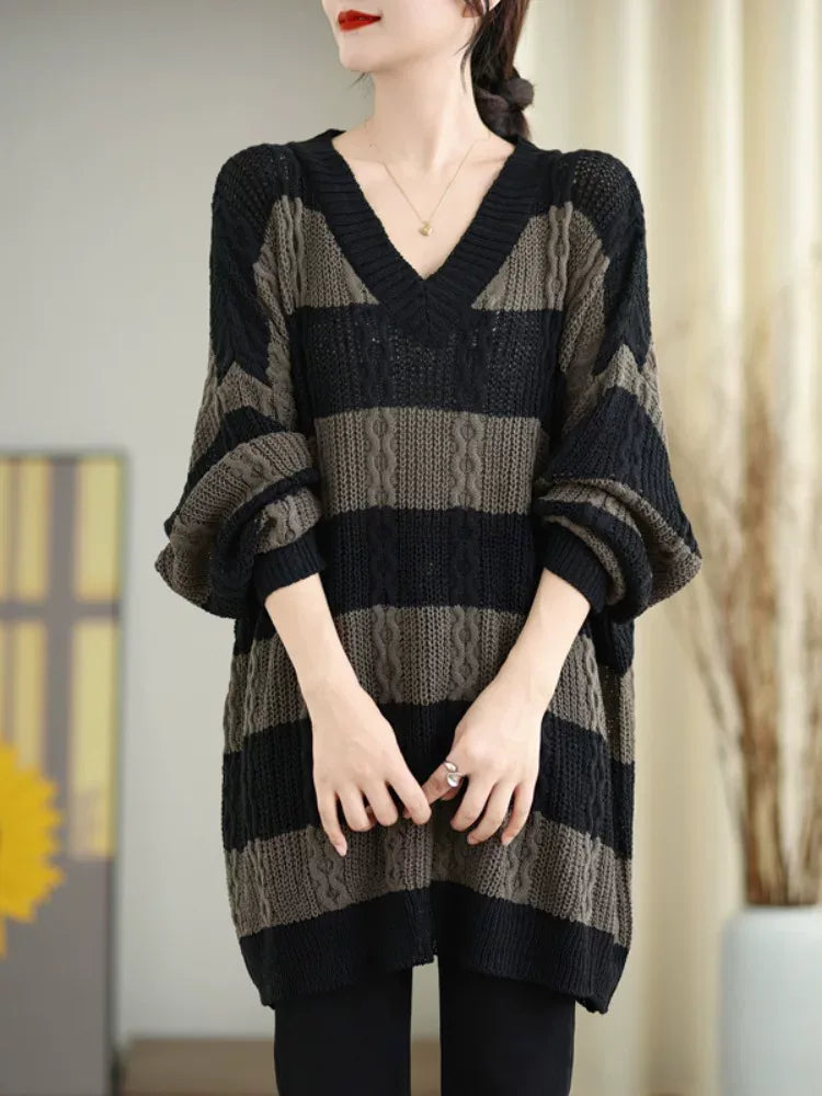 Striped Cable Knit V-Neck Oversized Sweater