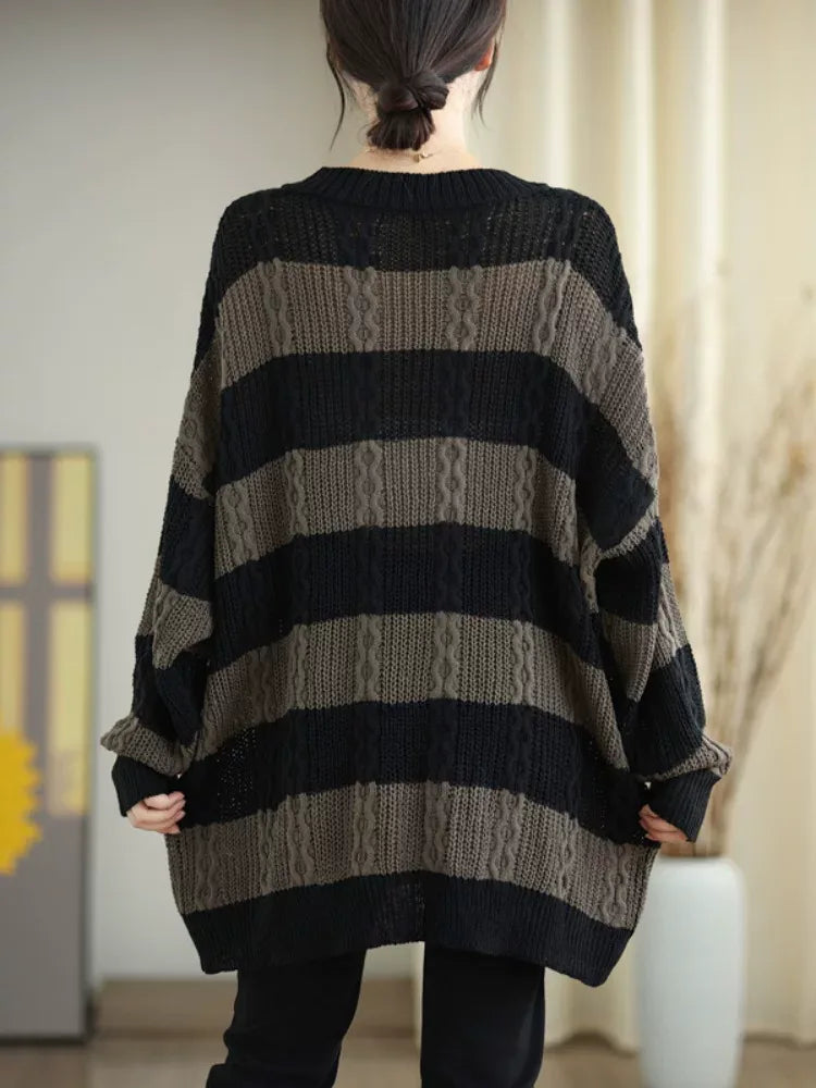 Striped Cable Knit V-Neck Oversized Sweater
