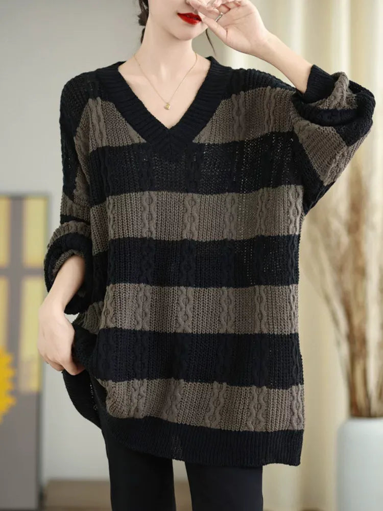 Striped Cable Knit V-Neck Oversized Sweater