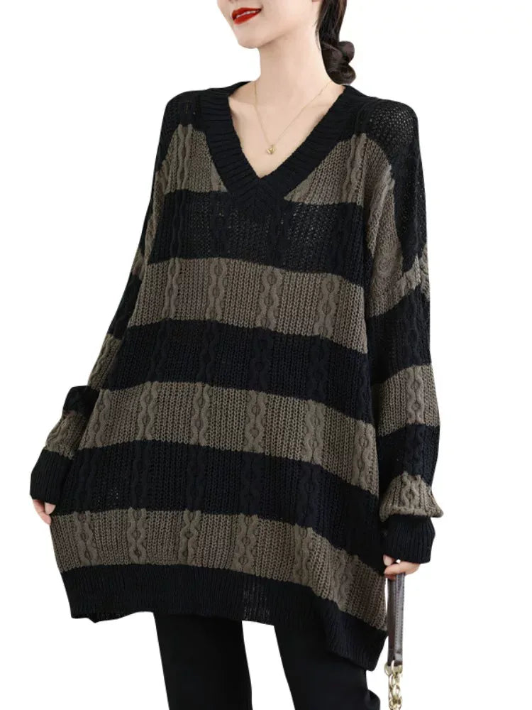 Striped Cable Knit V-Neck Oversized Sweater