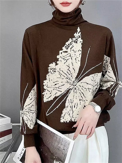 Butterfly Print Color Block Turtleneck Sweater