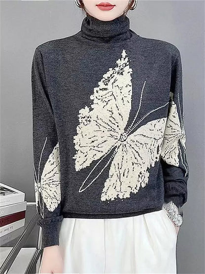 Butterfly Print Color Block Turtleneck Sweater