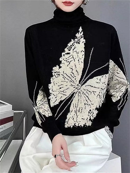 Butterfly Print Color Block Turtleneck Sweater