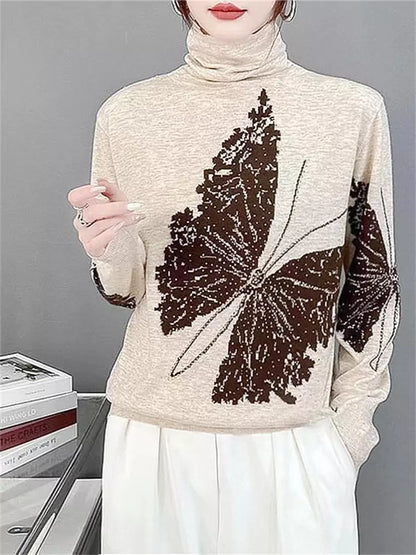 Butterfly Print Color Block Turtleneck Sweater