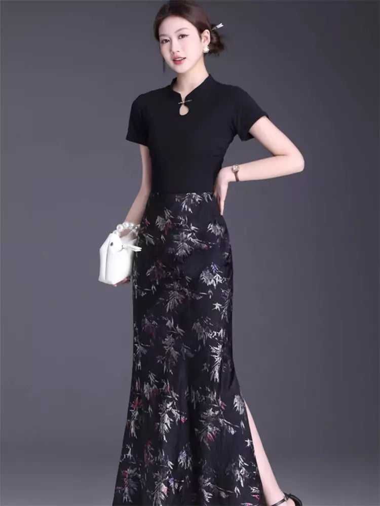 Stylish Floral High Waist Slit Fishtail Midi Skirt Summer