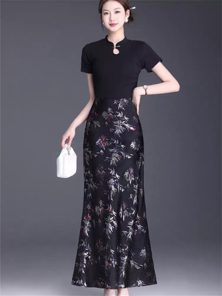 Stylish Floral High Waist Slit Fishtail Midi Skirt Summer