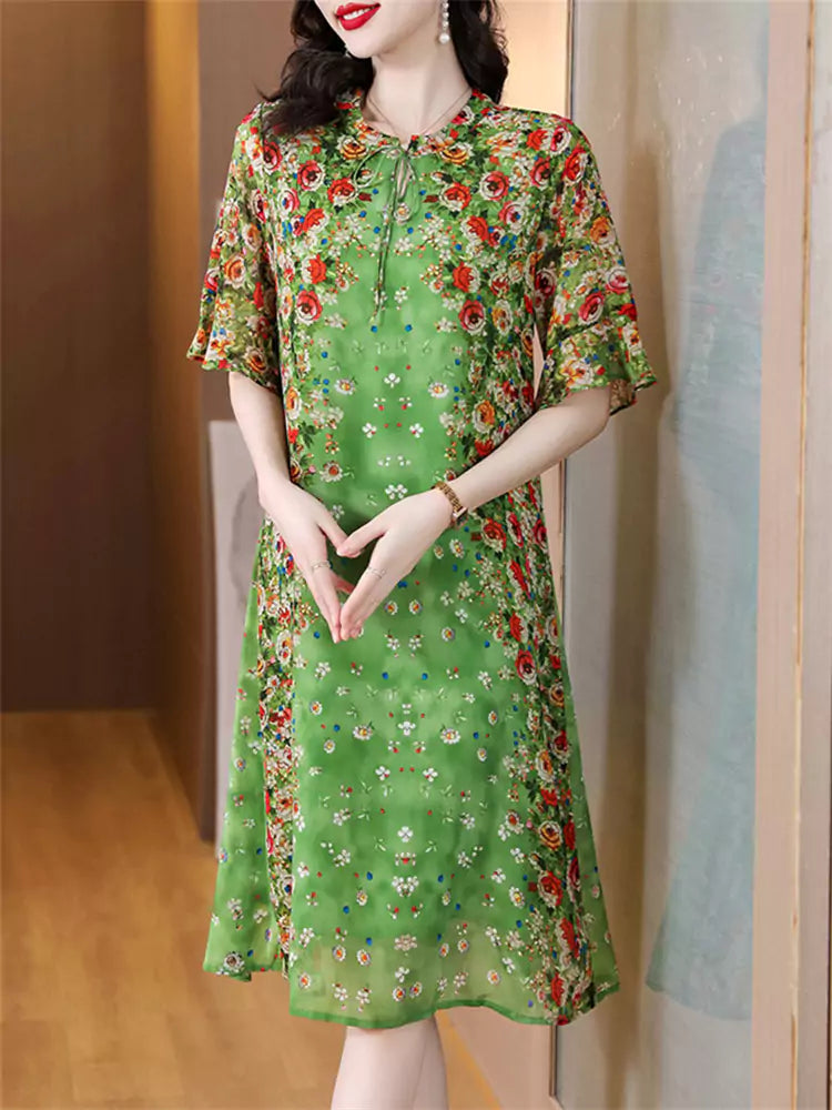 Stylish Green O Neck Floral Print Dress