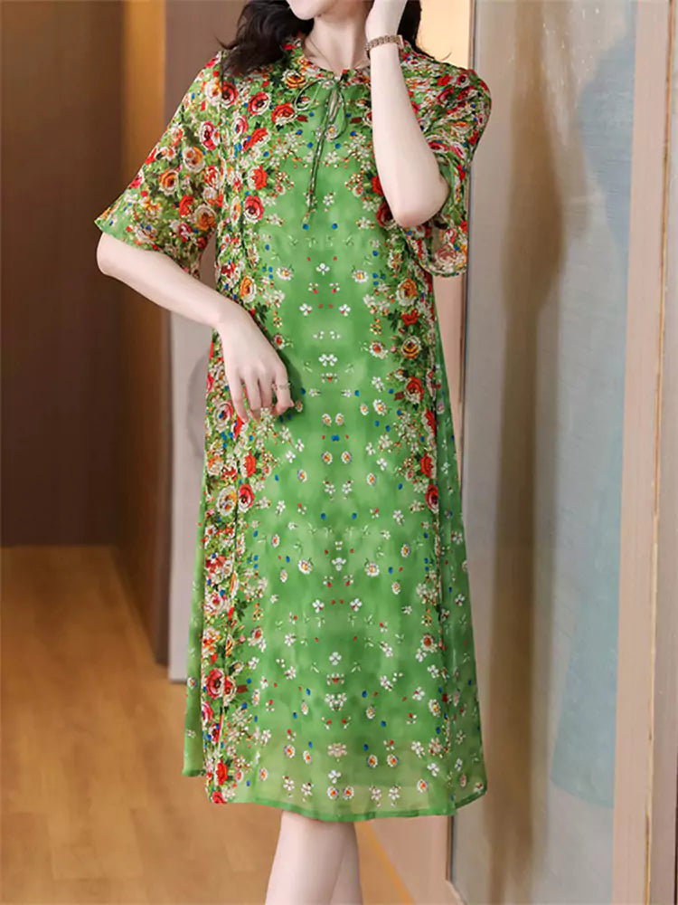 Stylish Green O Neck Floral Print Dress