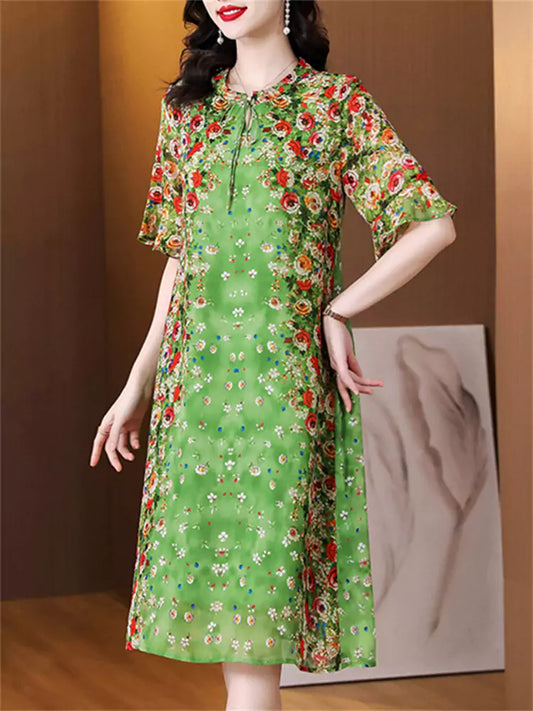 Stylish Green O Neck Floral Print Dress