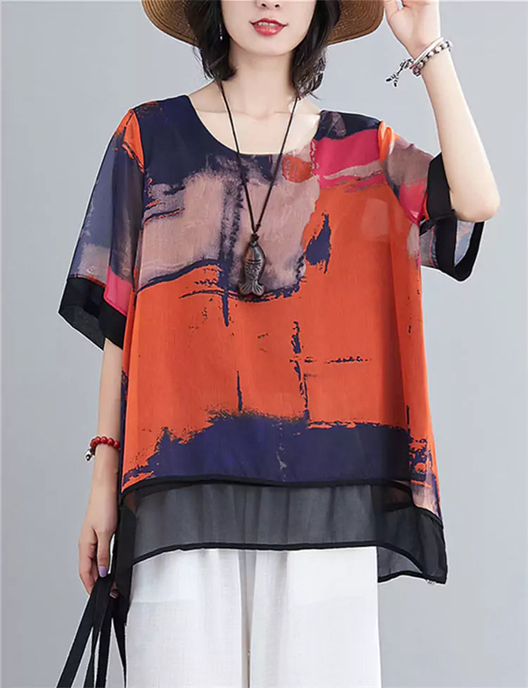 Stylish Oversized Short Sleeve Printed Chiffon Blouse
