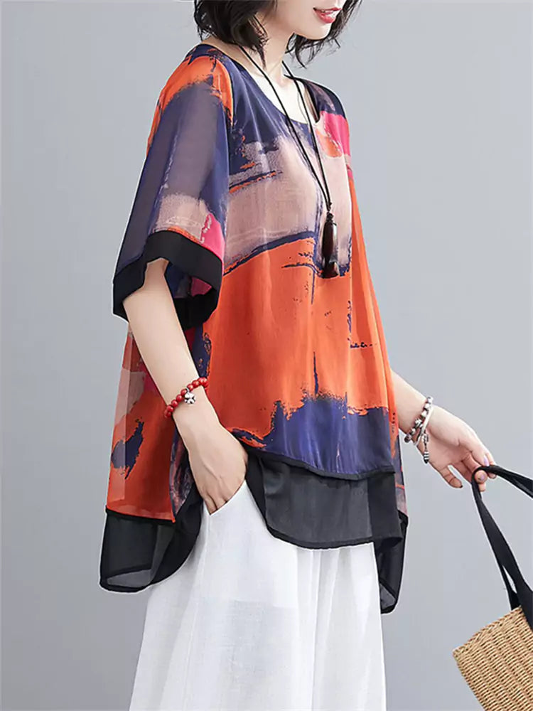 Stylish Oversized Short Sleeve Printed Chiffon Blouse