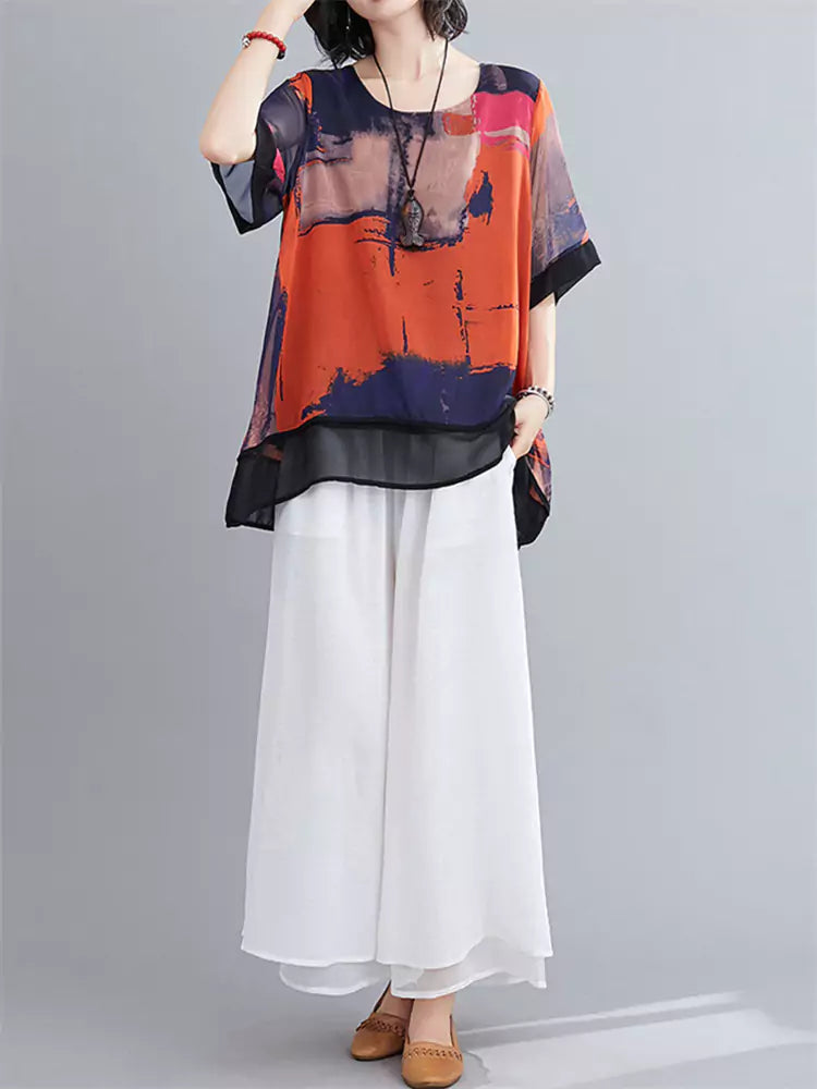 Stylish Oversized Short Sleeve Printed Chiffon Blouse
