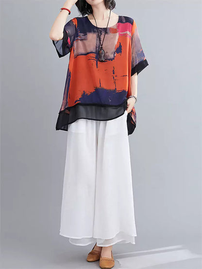 Stilvolle, übergroße Chiffonbluse mit kurzen Ärmeln und Print