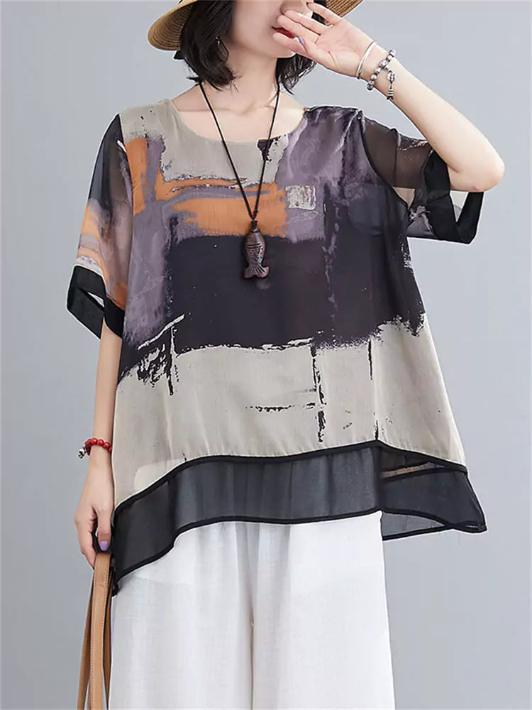 Stylish Oversized Short Sleeve Printed Chiffon Blouse