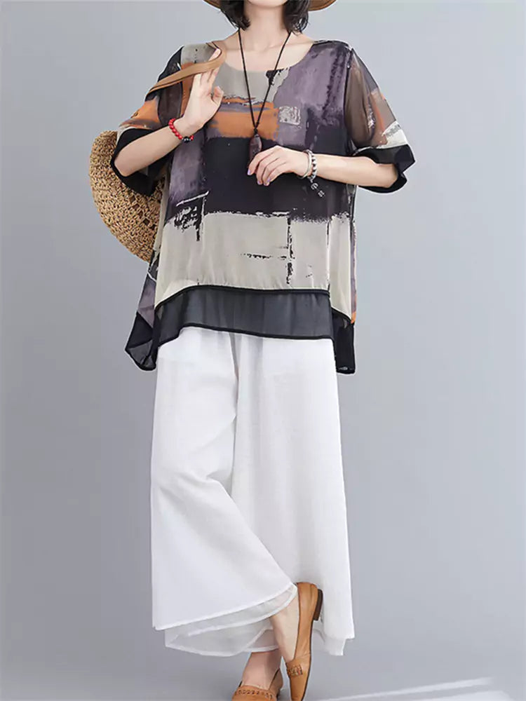 Stylish Oversized Short Sleeve Printed Chiffon Blouse