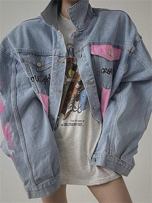 Stylish  Color Block Letter Print Graffiti Denim Jacket