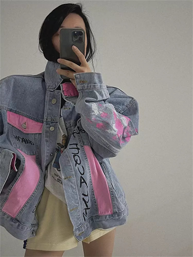 Stylish  Color Block Letter Print Graffiti Denim Jacket