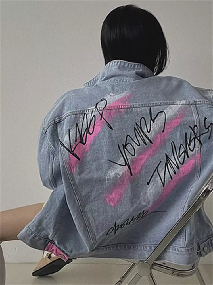 Stylish  Color Block Letter Print Graffiti Denim Jacket