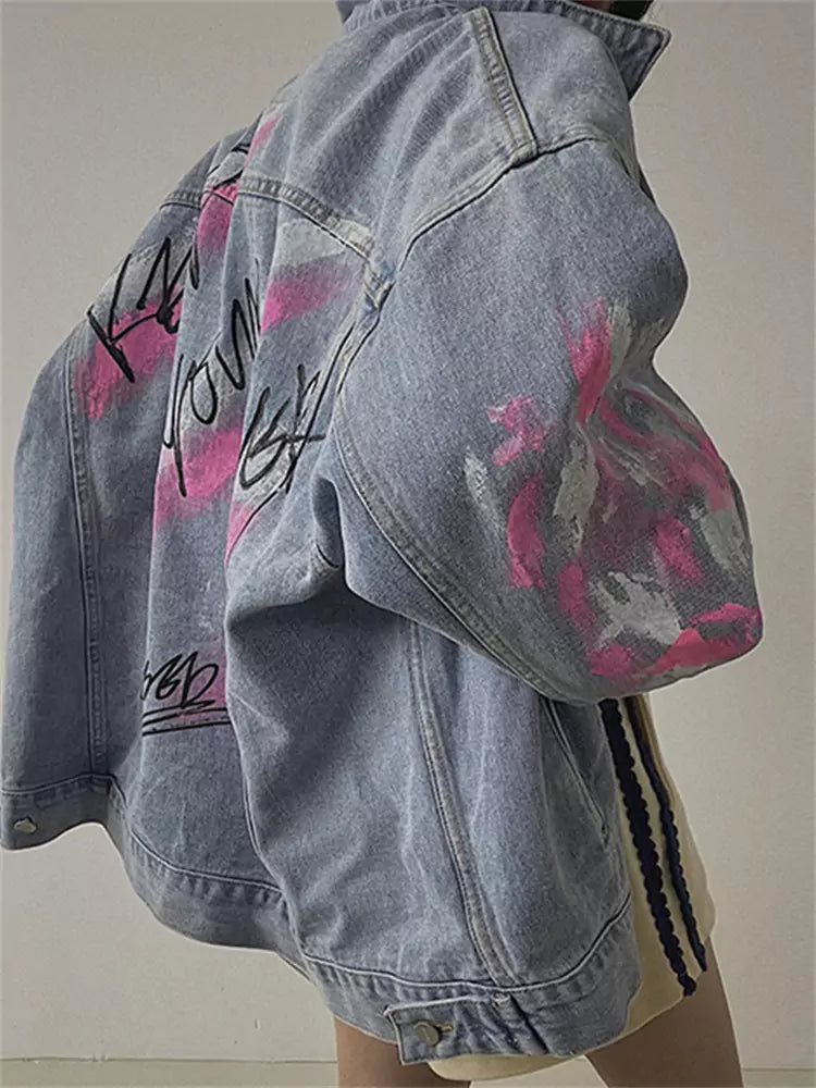 Stylish  Color Block Letter Print Graffiti Denim Jacket