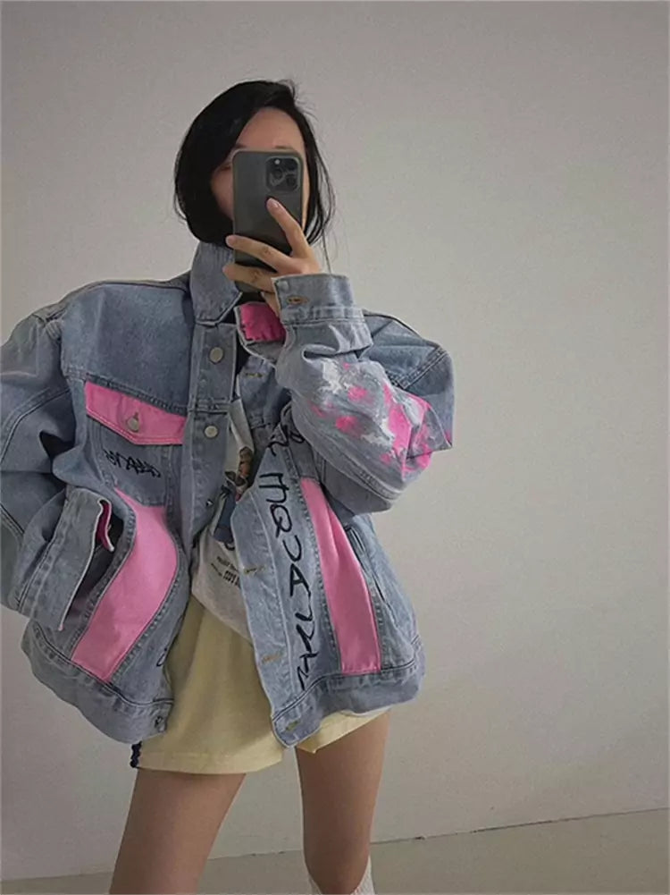 Stylish  Color Block Letter Print Graffiti Denim Jacket
