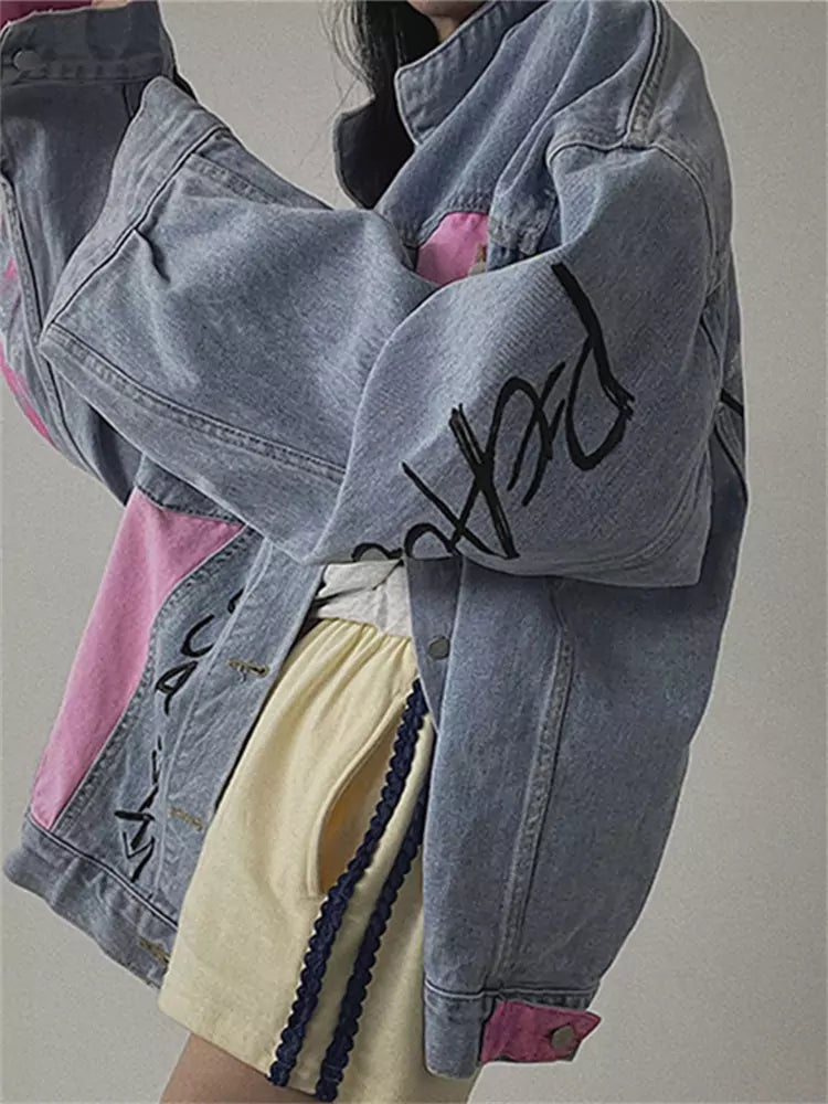 Stylish  Color Block Letter Print Graffiti Denim Jacket