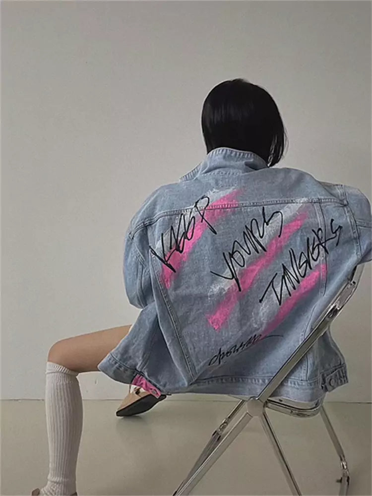Stylish  Color Block Letter Print Graffiti Denim Jacket