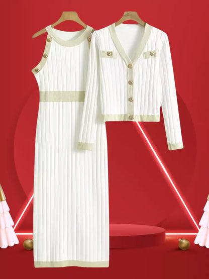 Conjunto de 2 piezas de cárdigan con cuello en V y vestido ajustado de punto con corsé