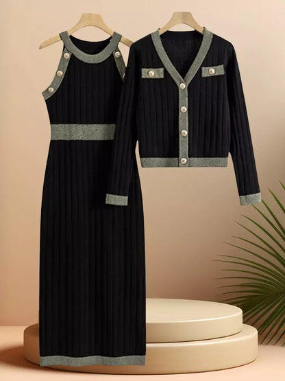 Conjunto de 2 piezas de cárdigan con cuello en V y vestido ajustado de punto con corsé