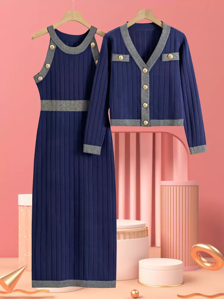 Stylish V-neck Cardigan & Corset Knit Bodycon Dress 2 Piece Set