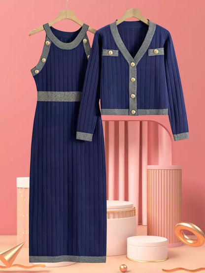 Conjunto de 2 piezas de cárdigan con cuello en V y vestido ajustado de punto con corsé