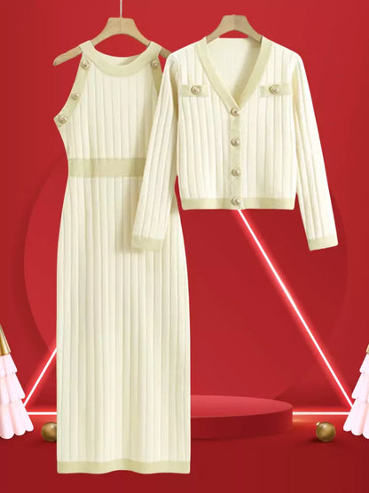 Conjunto de 2 piezas de cárdigan con cuello en V y vestido ajustado de punto con corsé