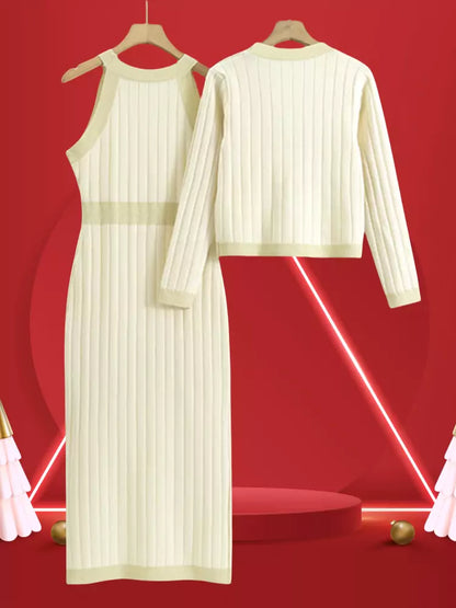 Conjunto de 2 piezas de cárdigan con cuello en V y vestido ajustado de punto con corsé