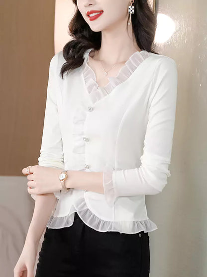 Stilvolle, vielseitige schwarze Langarmbluse mit V-Ausschnitt und Spitze