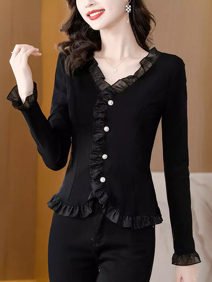 Stilvolle, vielseitige schwarze Langarmbluse mit V-Ausschnitt und Spitze