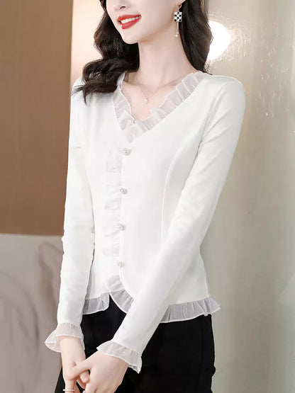 Stilvolle, vielseitige schwarze Langarmbluse mit V-Ausschnitt und Spitze