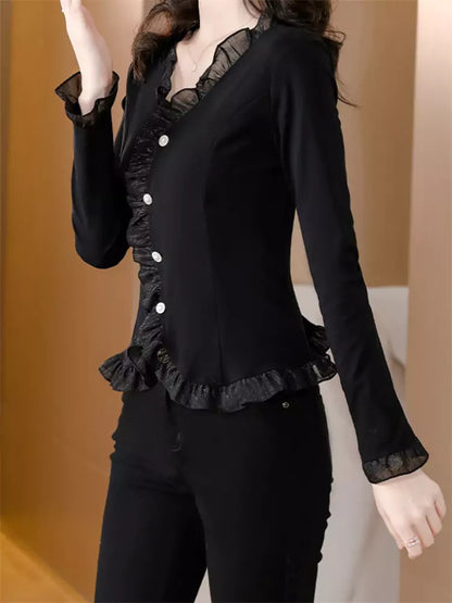 Stilvolle, vielseitige schwarze Langarmbluse mit V-Ausschnitt und Spitze