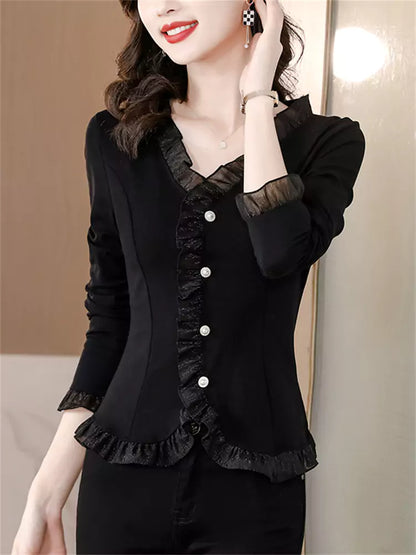 Stilvolle, vielseitige schwarze Langarmbluse mit V-Ausschnitt und Spitze